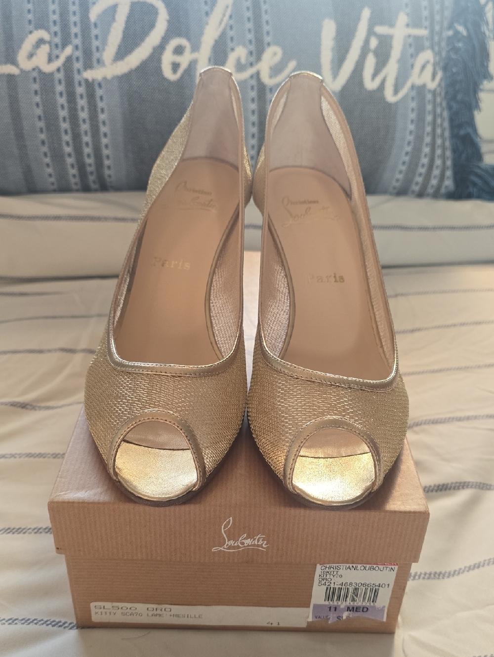 Christian Louboutin Metallic Gold Peep-Toe Heels